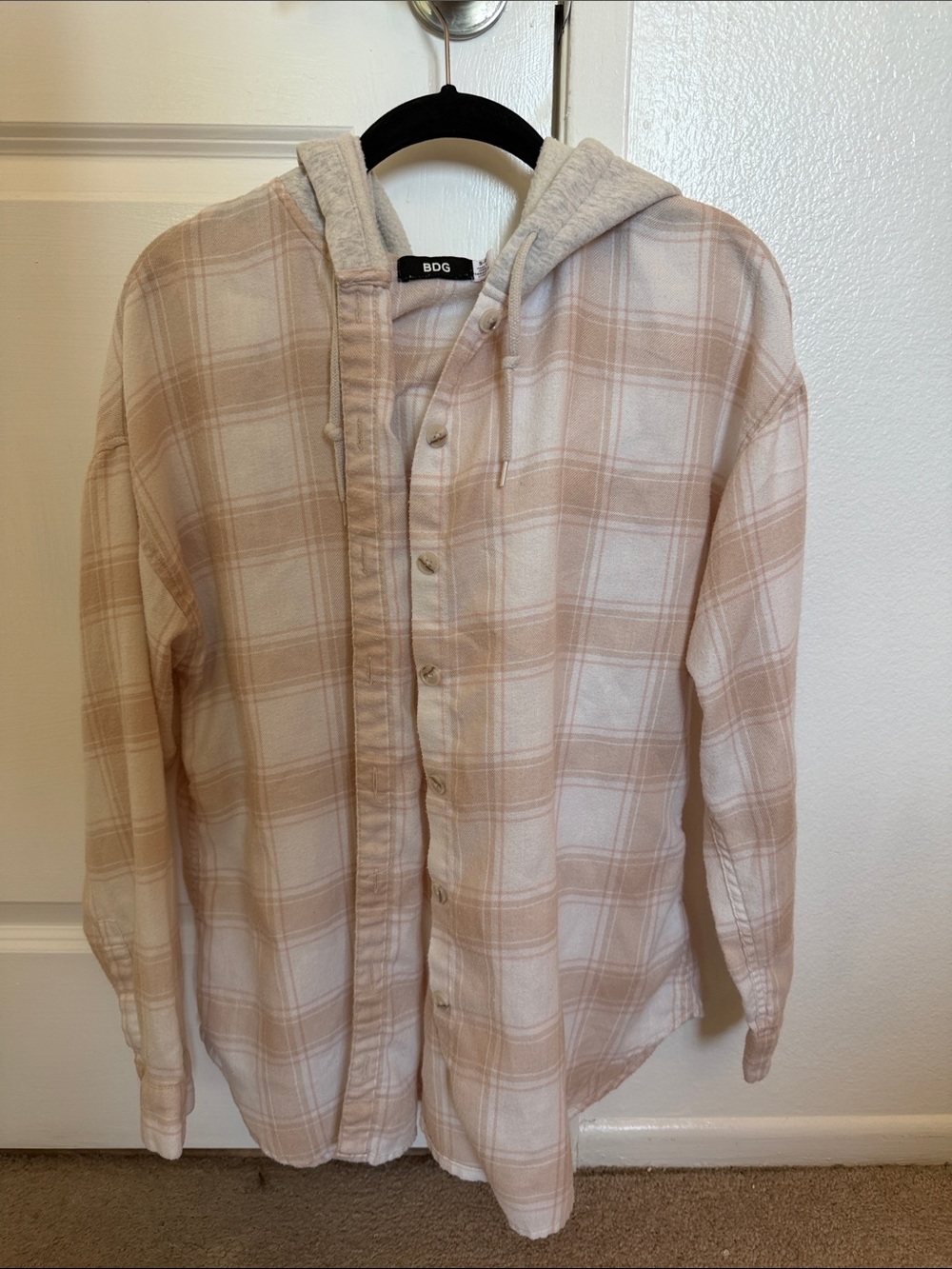 BDG Cream & Beige Oversized Plaid Hooded Button-Up Shirt Jacket